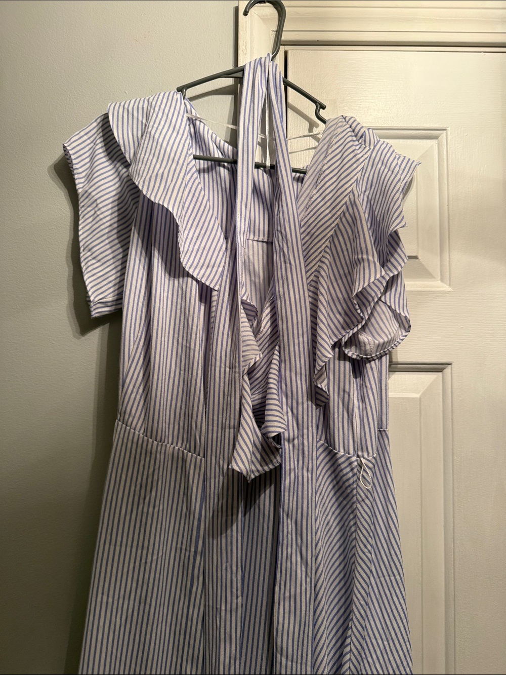 Striped Ruffle Midi Dress in Light Blue and White